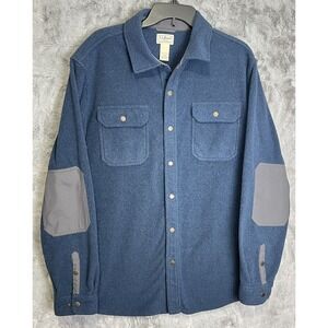 LL Bean Shirt Mens Large Blue Fleece Shacket Elbow Patch Snap Pocket